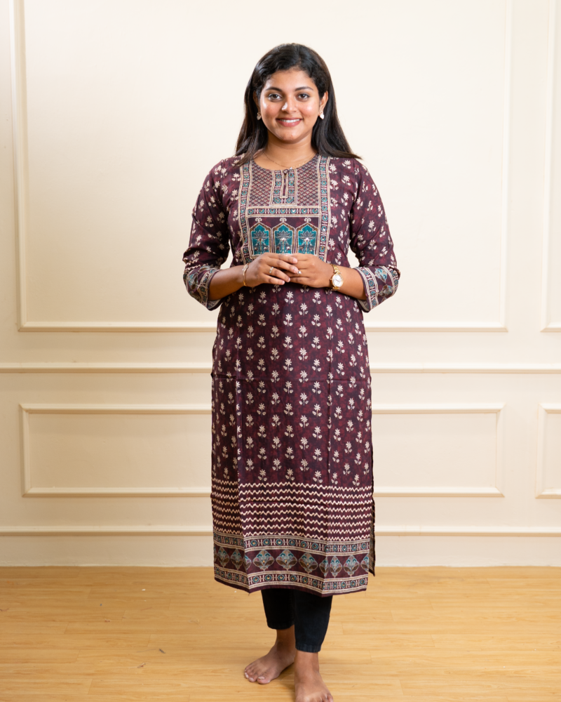 Deep Plum Floral Booti Kurta with Embroidered Yoke