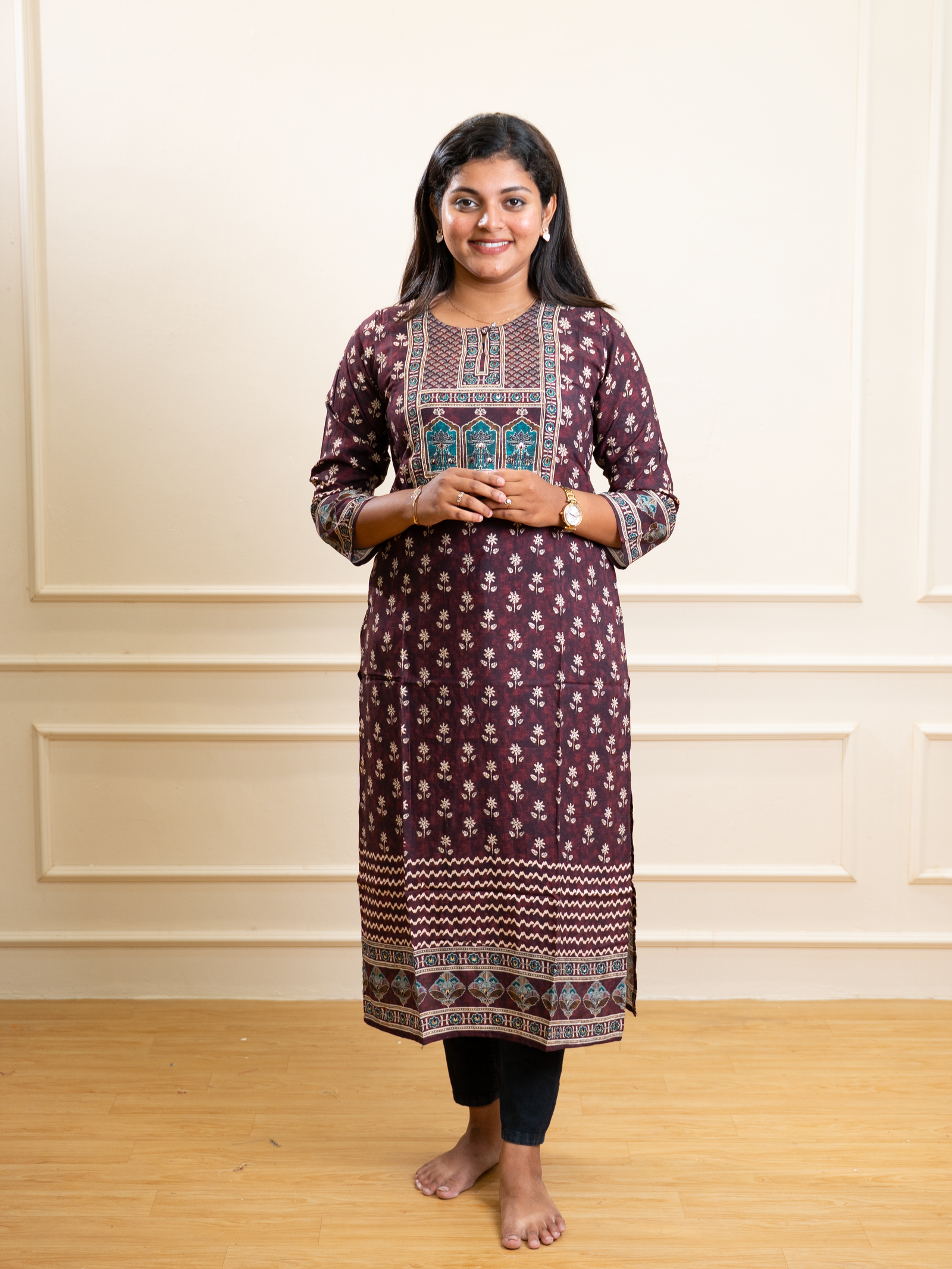 Deep Plum Floral Booti Kurta with Embroidered Yoke