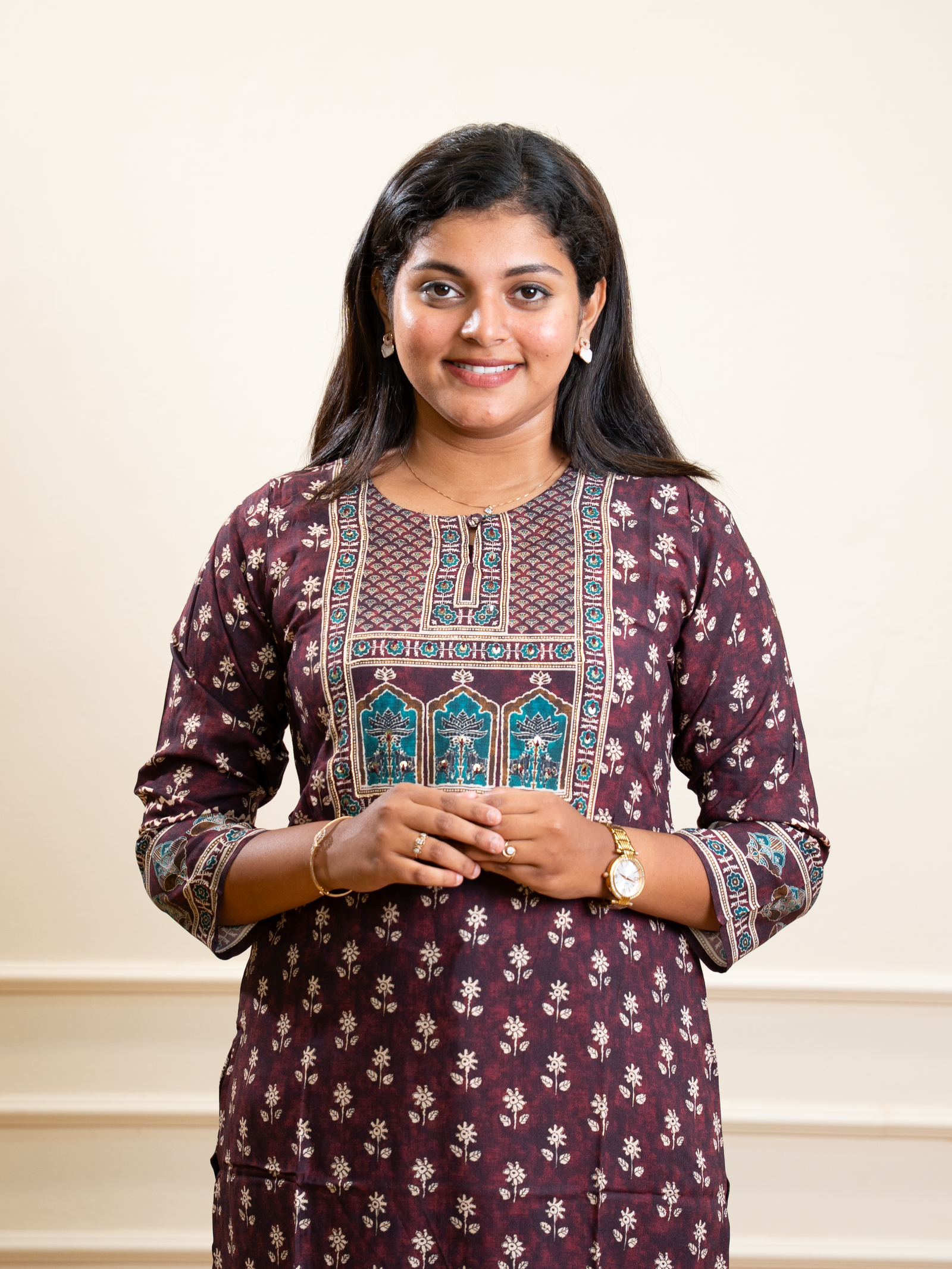 Deep Plum Floral Booti Kurta with Embroidered Yoke - Image 2