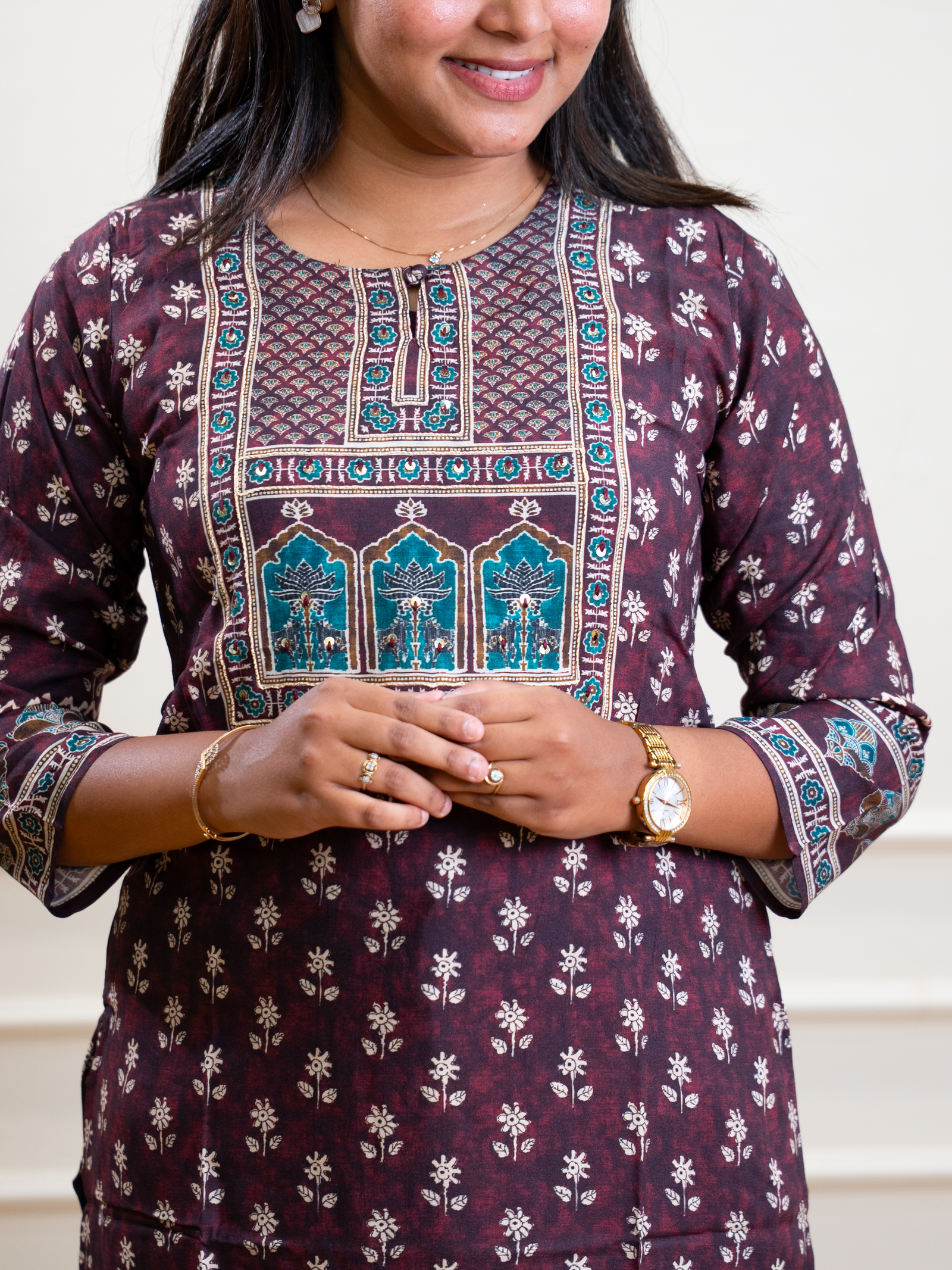 Deep Plum Floral Booti Kurta with Embroidered Yoke - Image 3