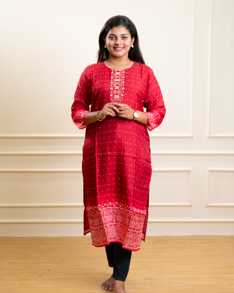 Brick Red Printed Straight Kurta with Geometric Borders