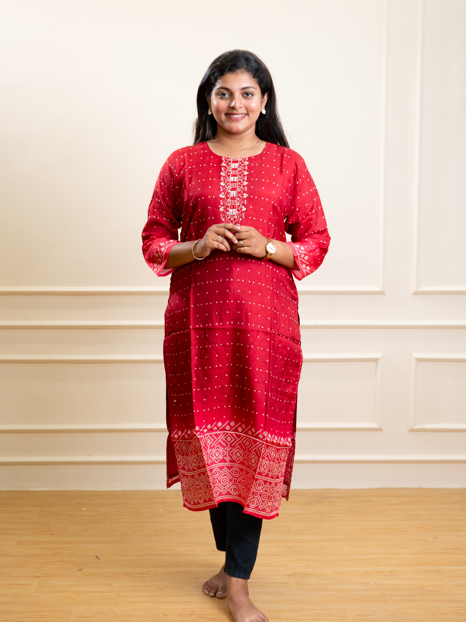Brick Red Printed Straight Kurta with Geometric Borders