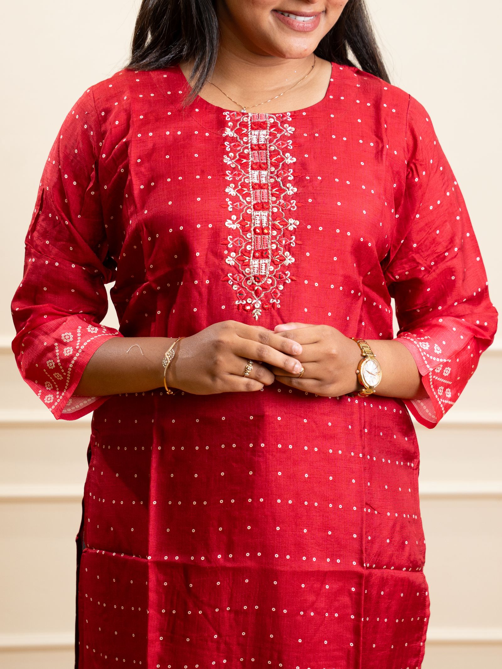 Brick Red Printed Straight Kurta with Geometric Borders - Image 3
