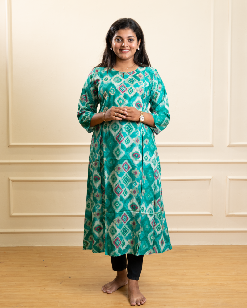 Sea Green Ikat Print Flared Anarkali Kurta
