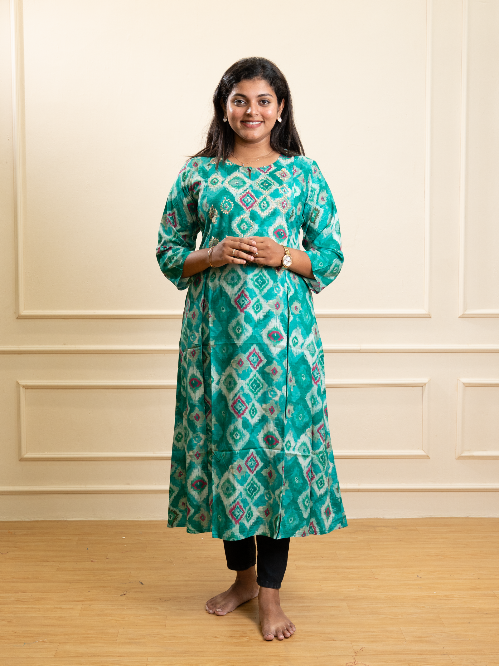 Sea Green Ikat Print Flared Anarkali Kurta