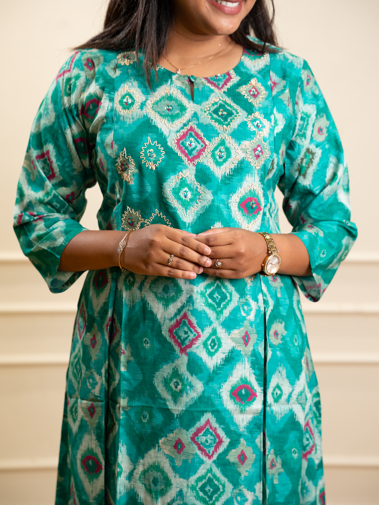 Sea Green Ikat Print Flared Anarkali Kurta - Image 3