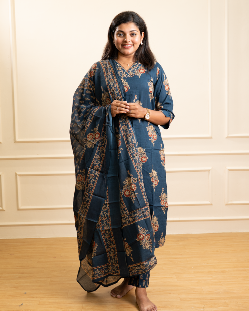 Indigo Blue Ajrakh Floral Motif Kurta Set