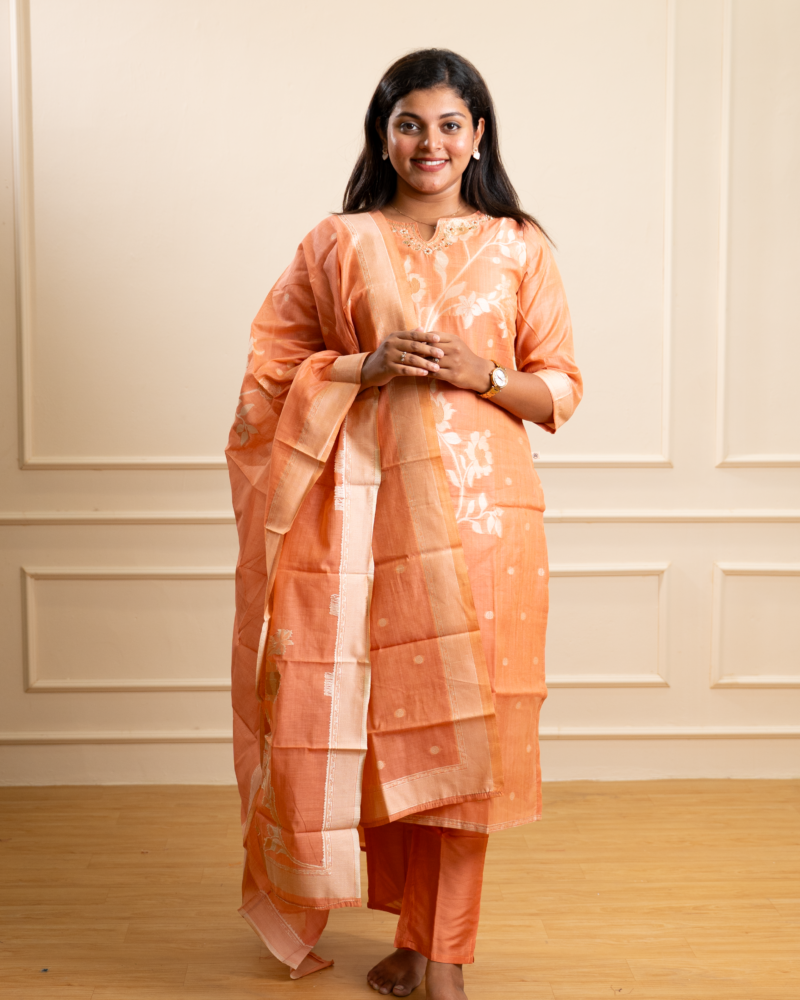 Soft Apricot Orange Chanderi Silk Floral Kurta Set