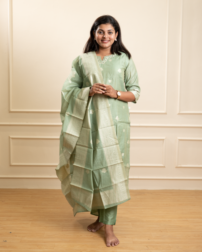 Mint Green Chanderi Silk Kurta Set with Self-Weave Dupatta