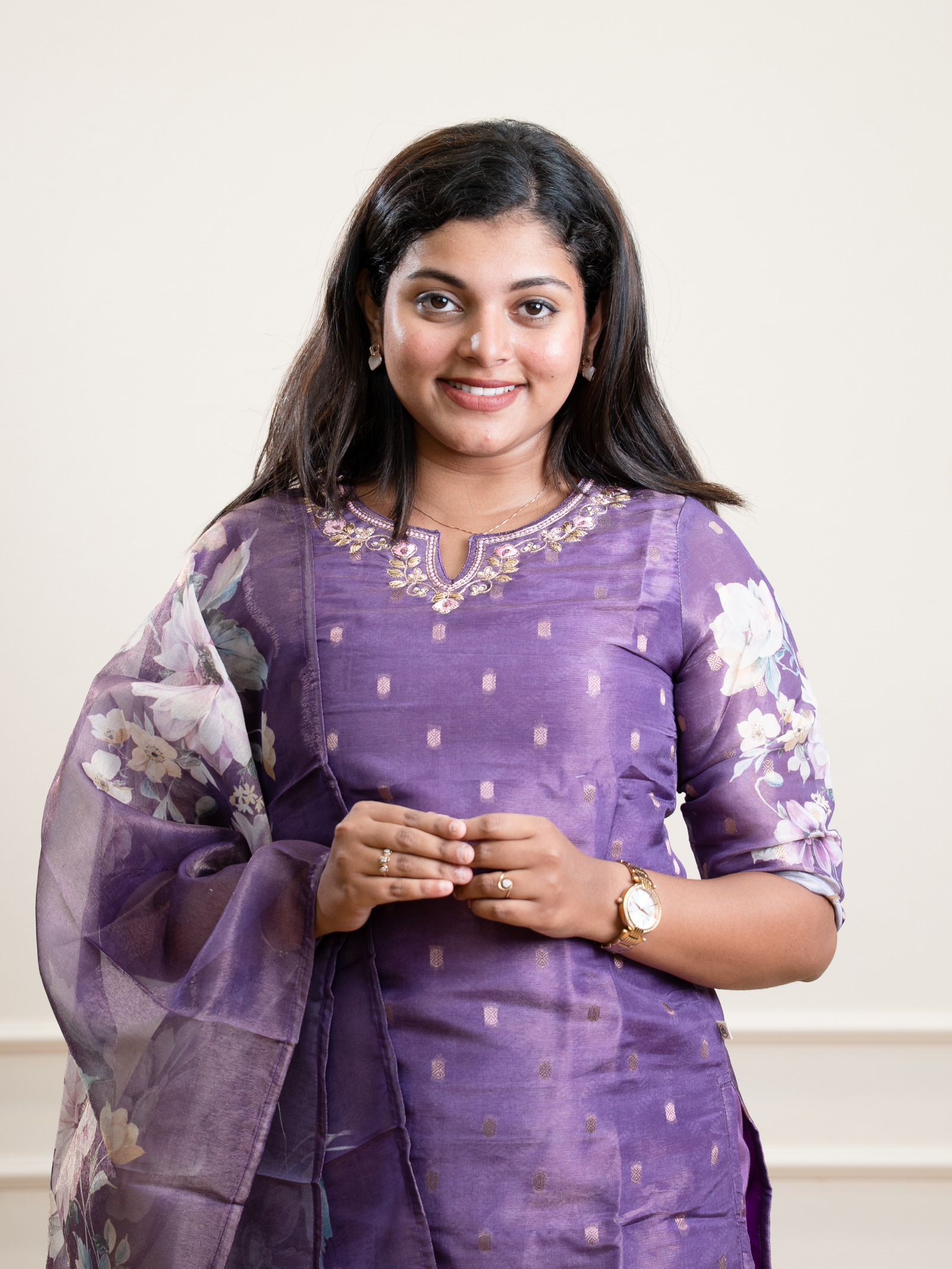 Orchid Purple Floral Print Organza Dupatta Kurta Set - Image 2