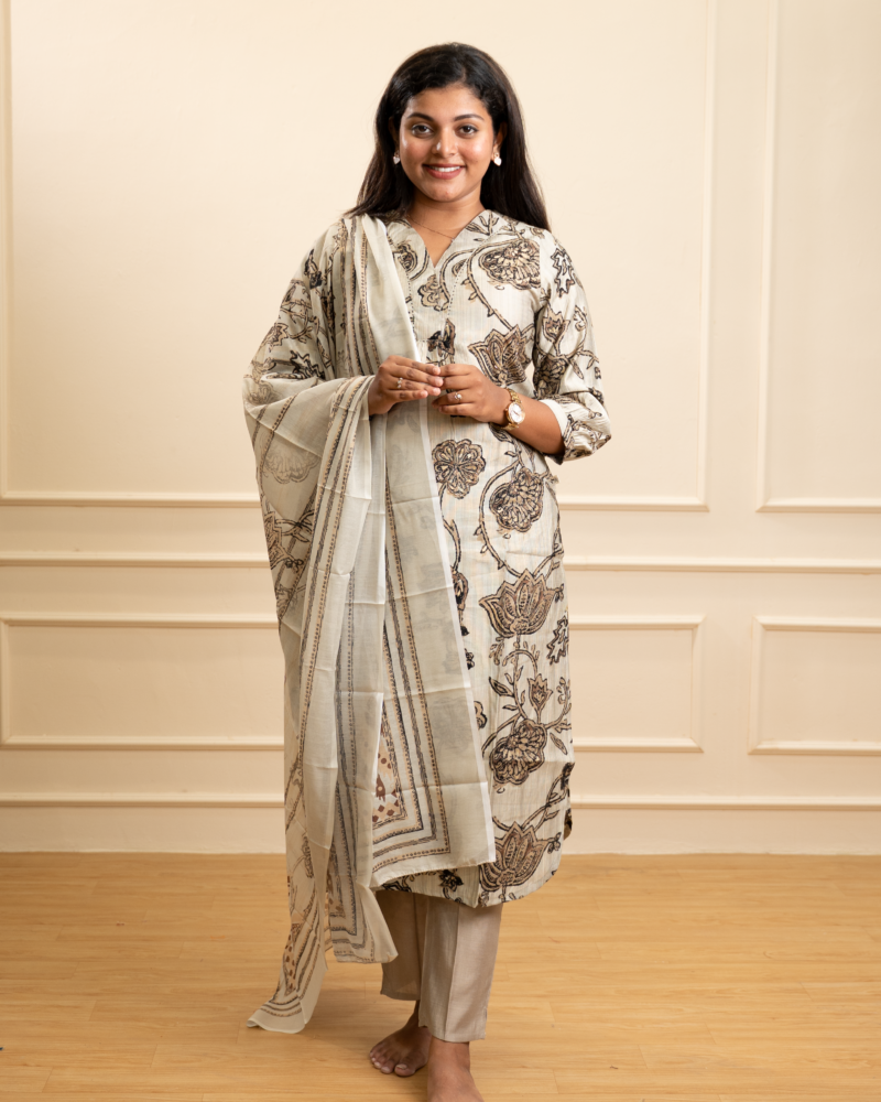 Off-White and Charcoal Floral Block Print Kurta Set