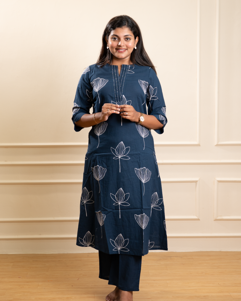 Navy Blue Lotus Outline A-Line Kurta