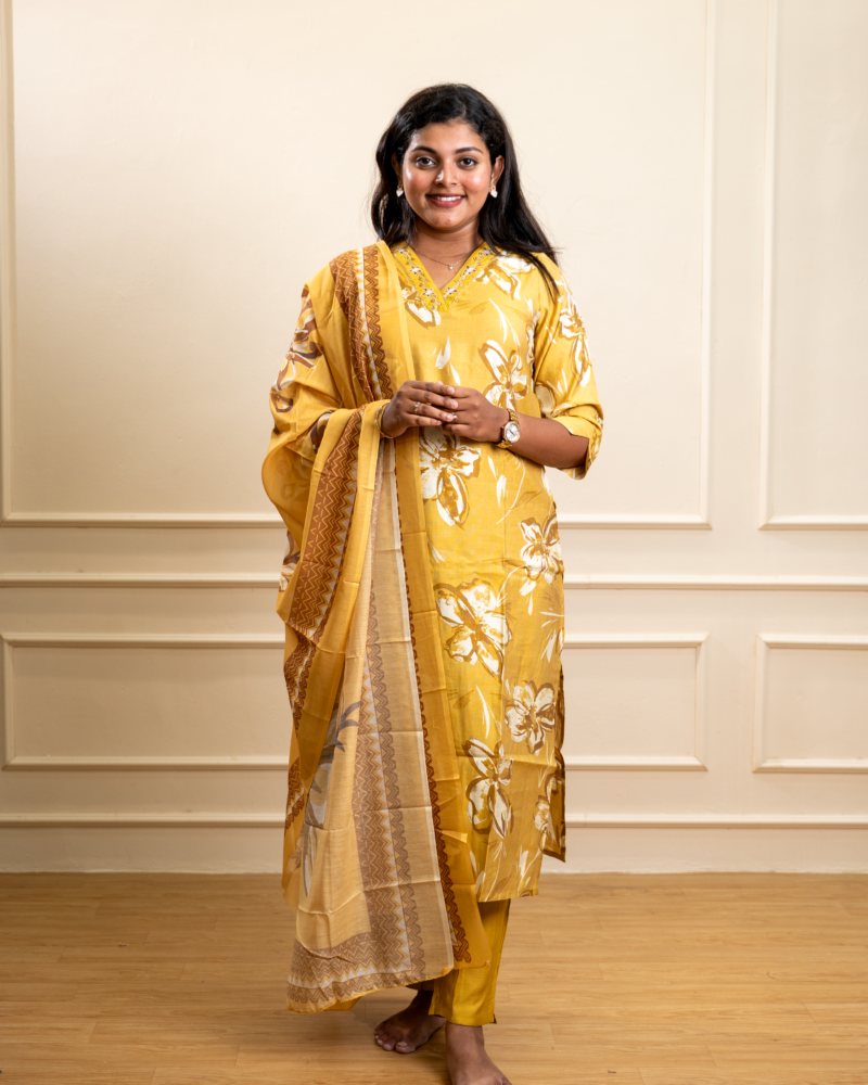 Mustard Yellow Floral Chanderi Kurta Set