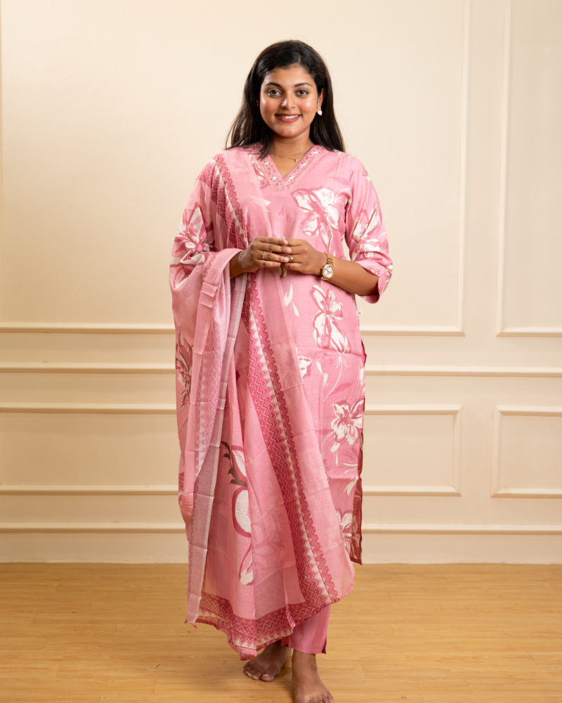 Candy Pink Floral Print Cotton Kurta Set