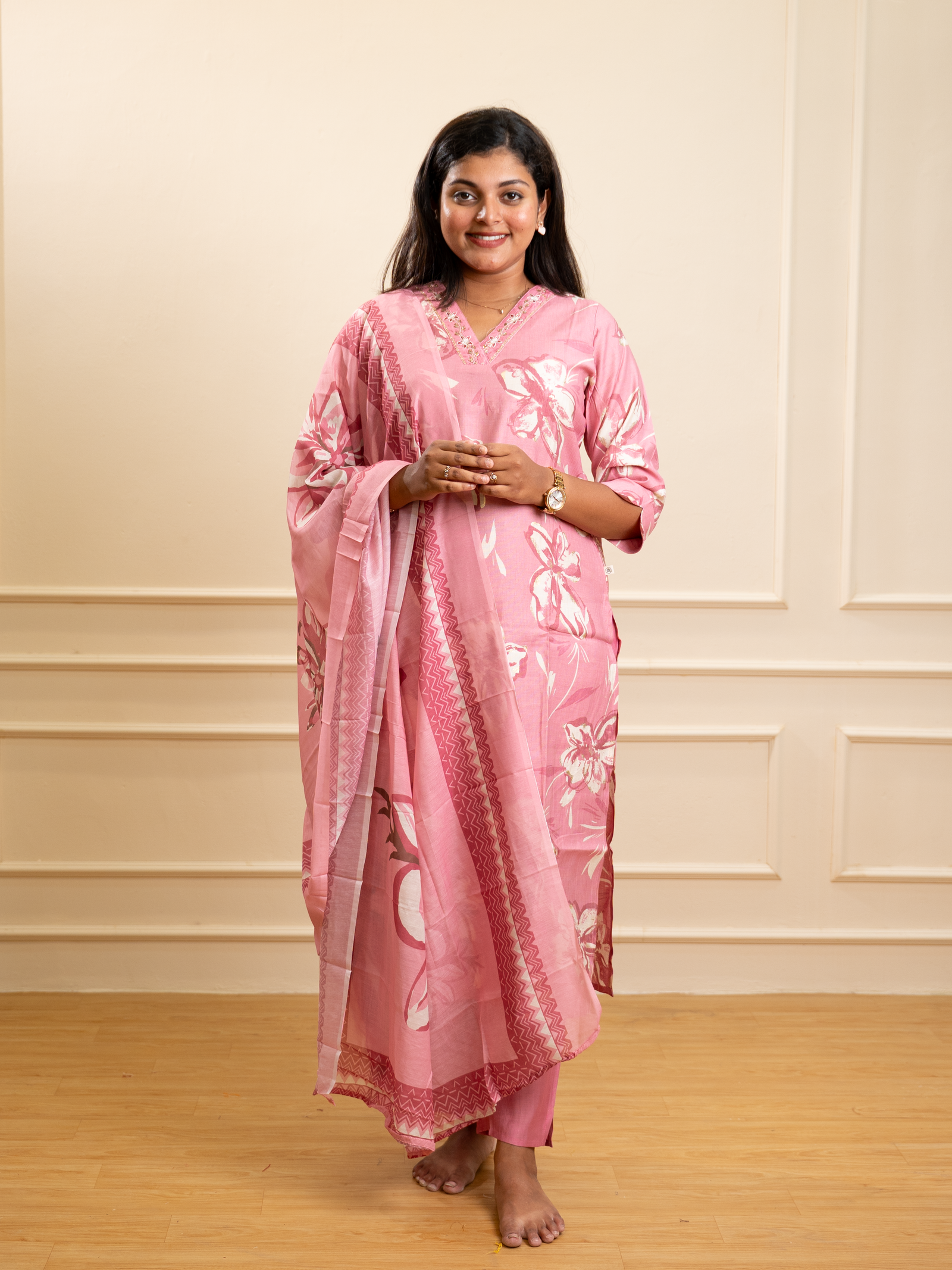 Candy Pink Floral Print Cotton Kurta Set