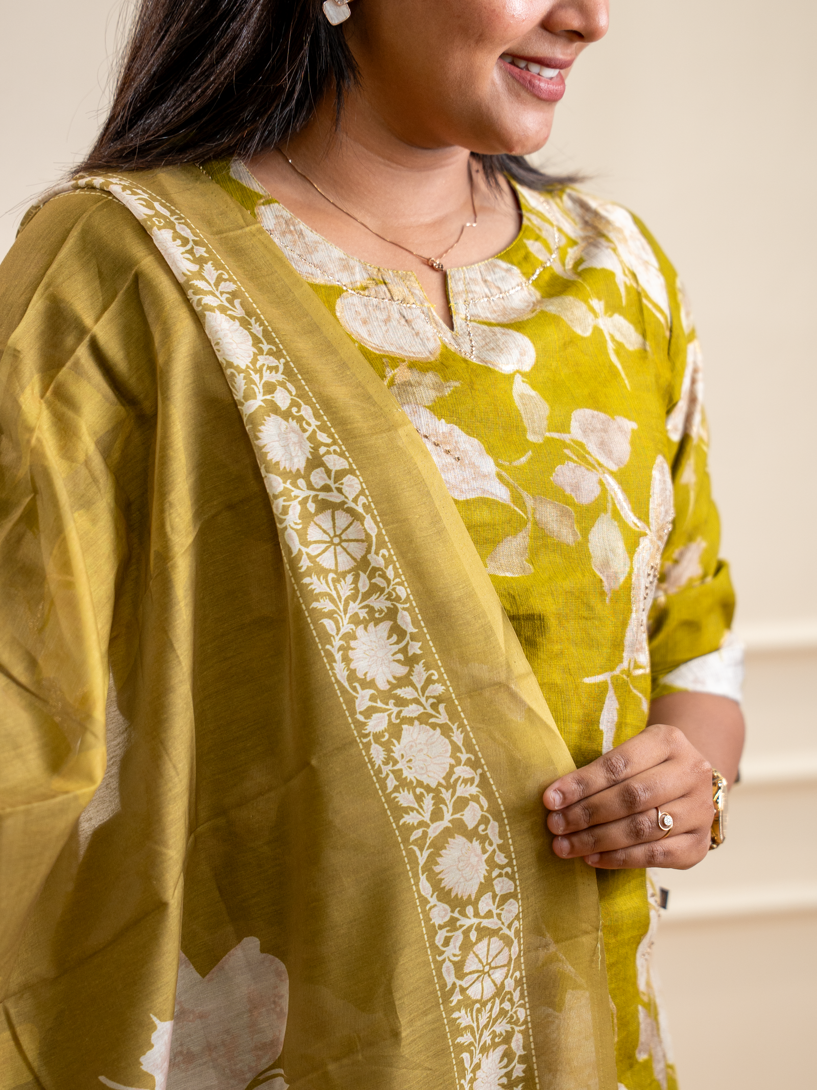 Olive Green Botanical Lily Kurta Set - Image 3