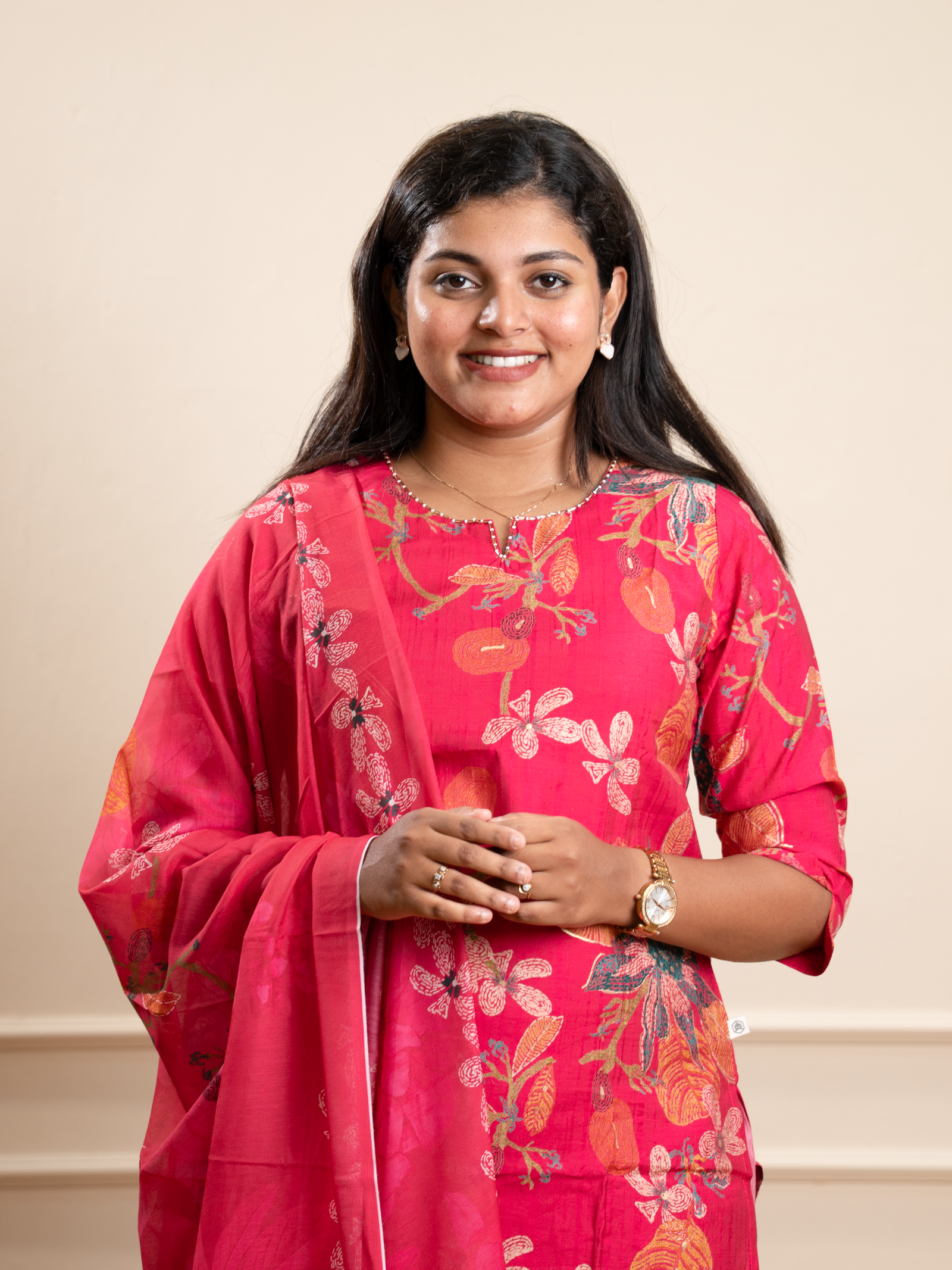 Coral Pink Floral Dream Kurta Set - Image 3