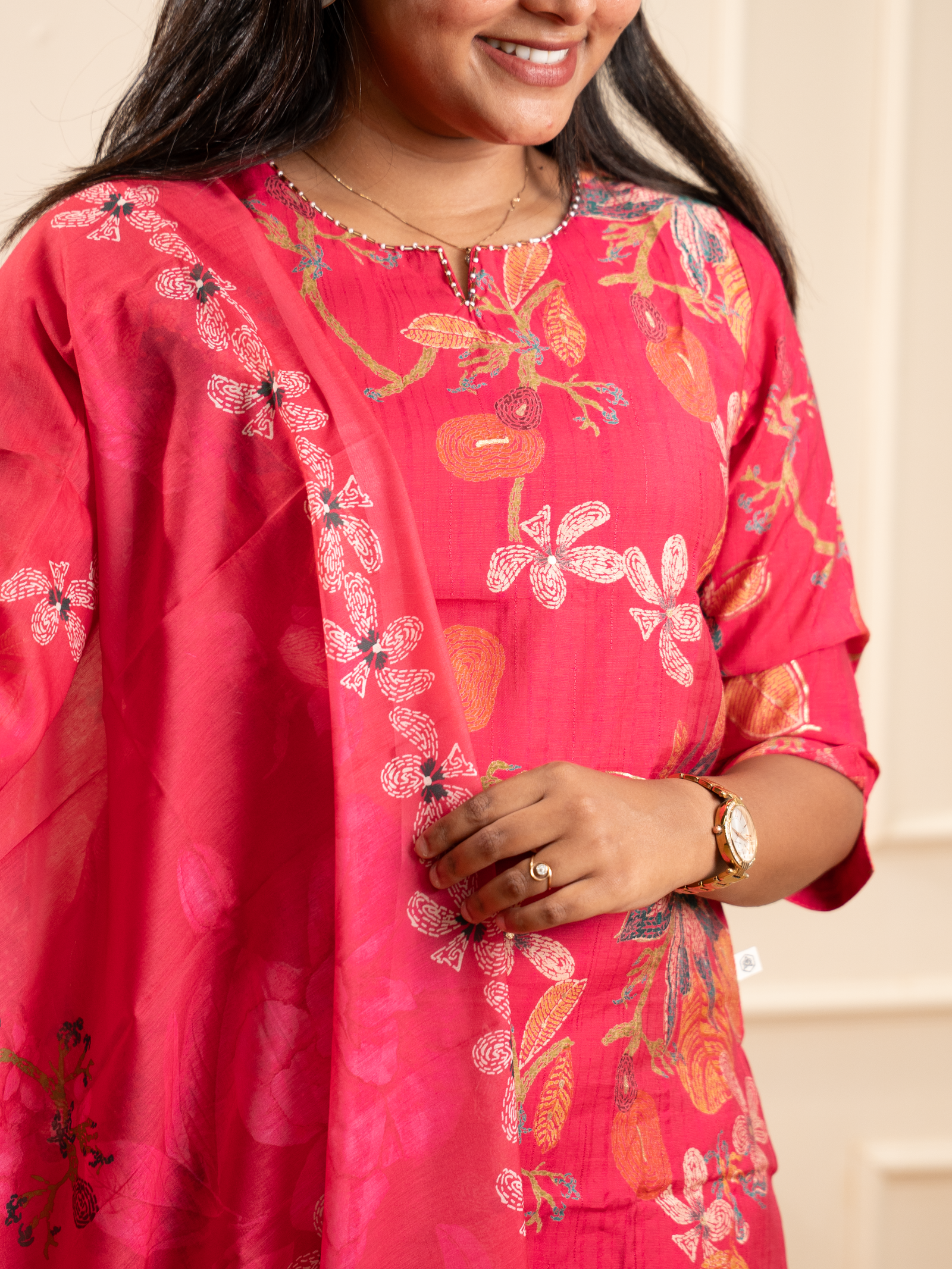 Coral Pink Floral Dream Kurta Set - Image 2