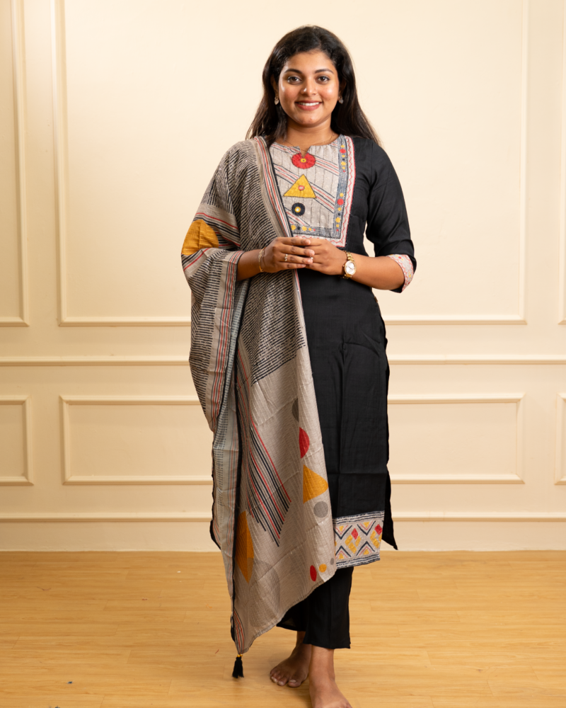 Jet Black Abstract Geometric Yoke Kurta Set