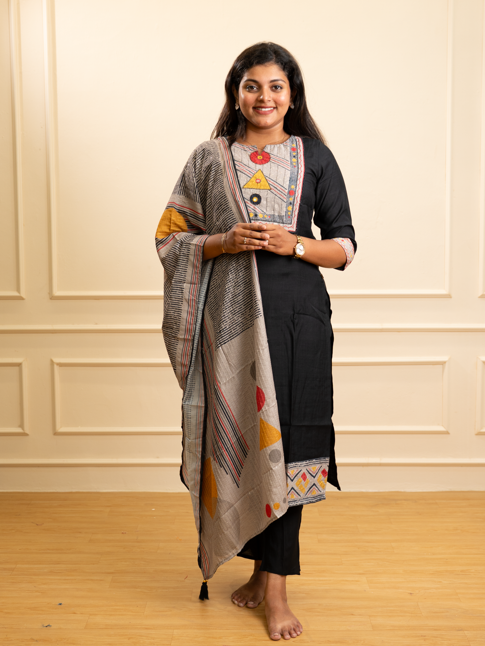 Jet Black Abstract Geometric Yoke Kurta Set