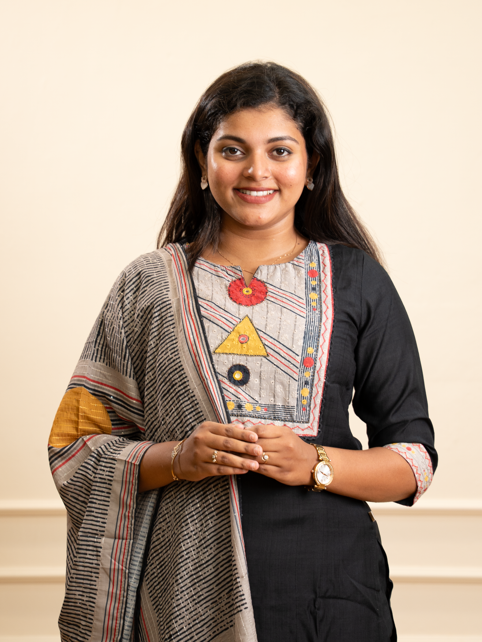 Jet Black Abstract Geometric Yoke Kurta Set - Image 2