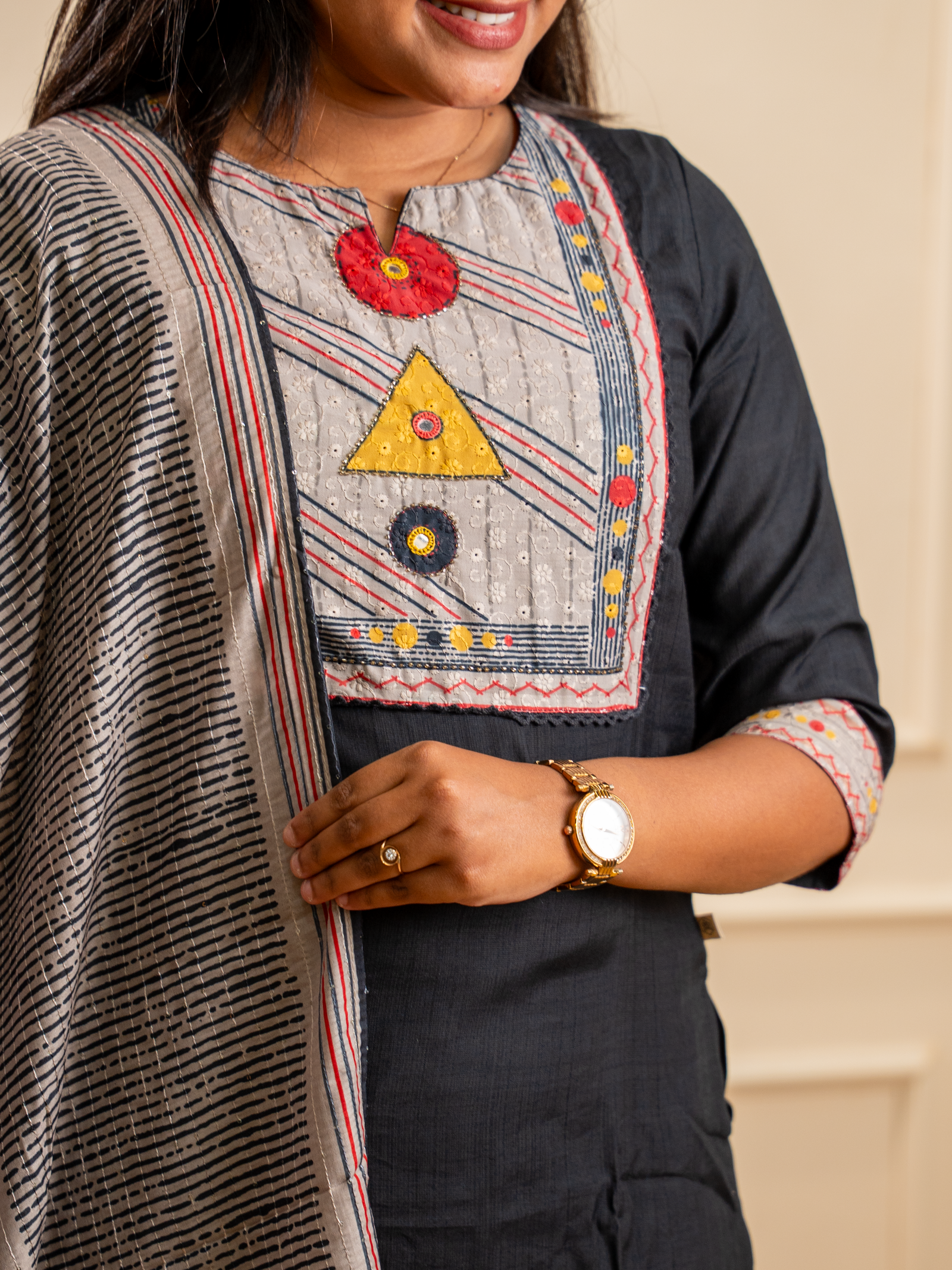 Jet Black Abstract Geometric Yoke Kurta Set - Image 3