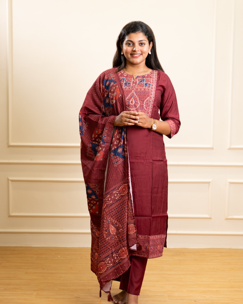 Maroon Ajrakh Print Kurta Set with Embroidered Yoke