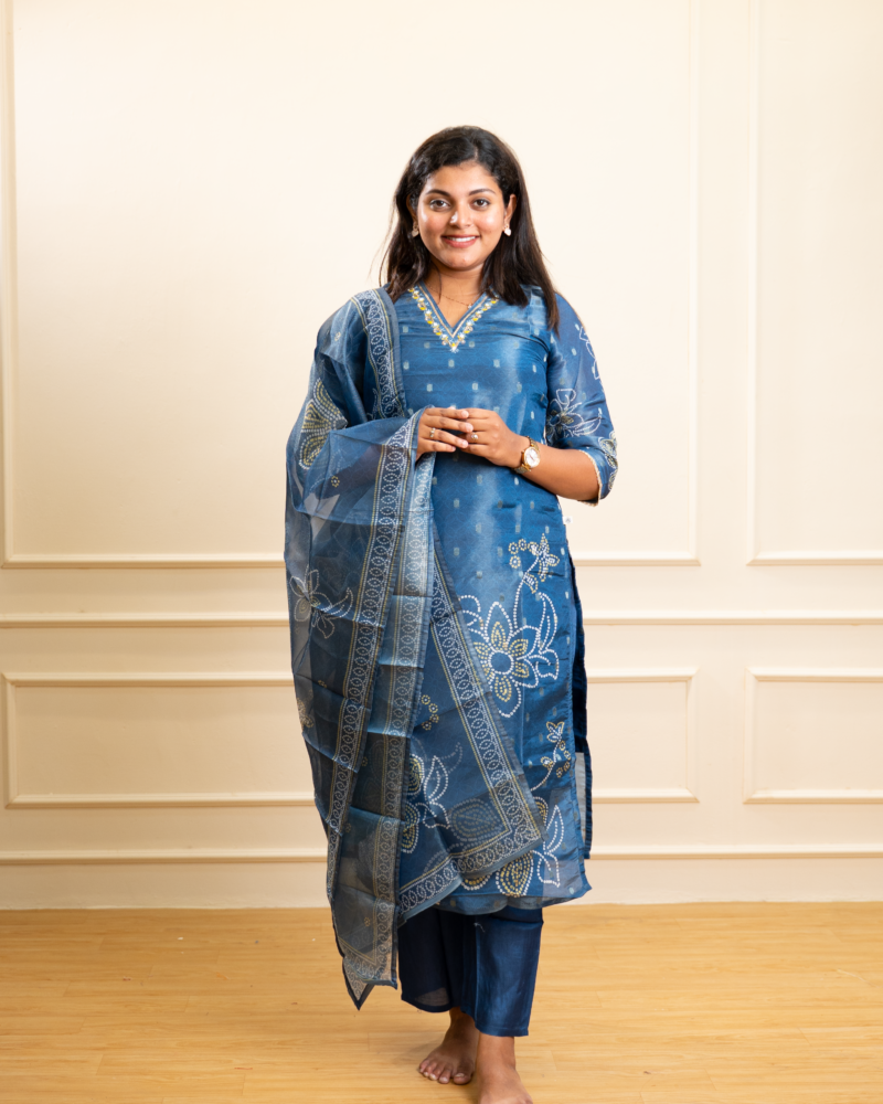Royal Blue Chanderi Kurta Set with Floral Organza Dupatta