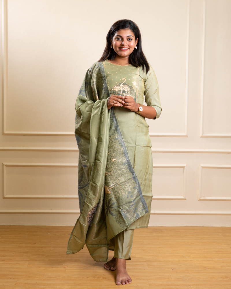 Sage Green Silk Kurta Set with Zari Woven Dupatta