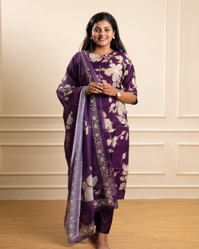 Deep Purple Floral Chanderi Kurta Set