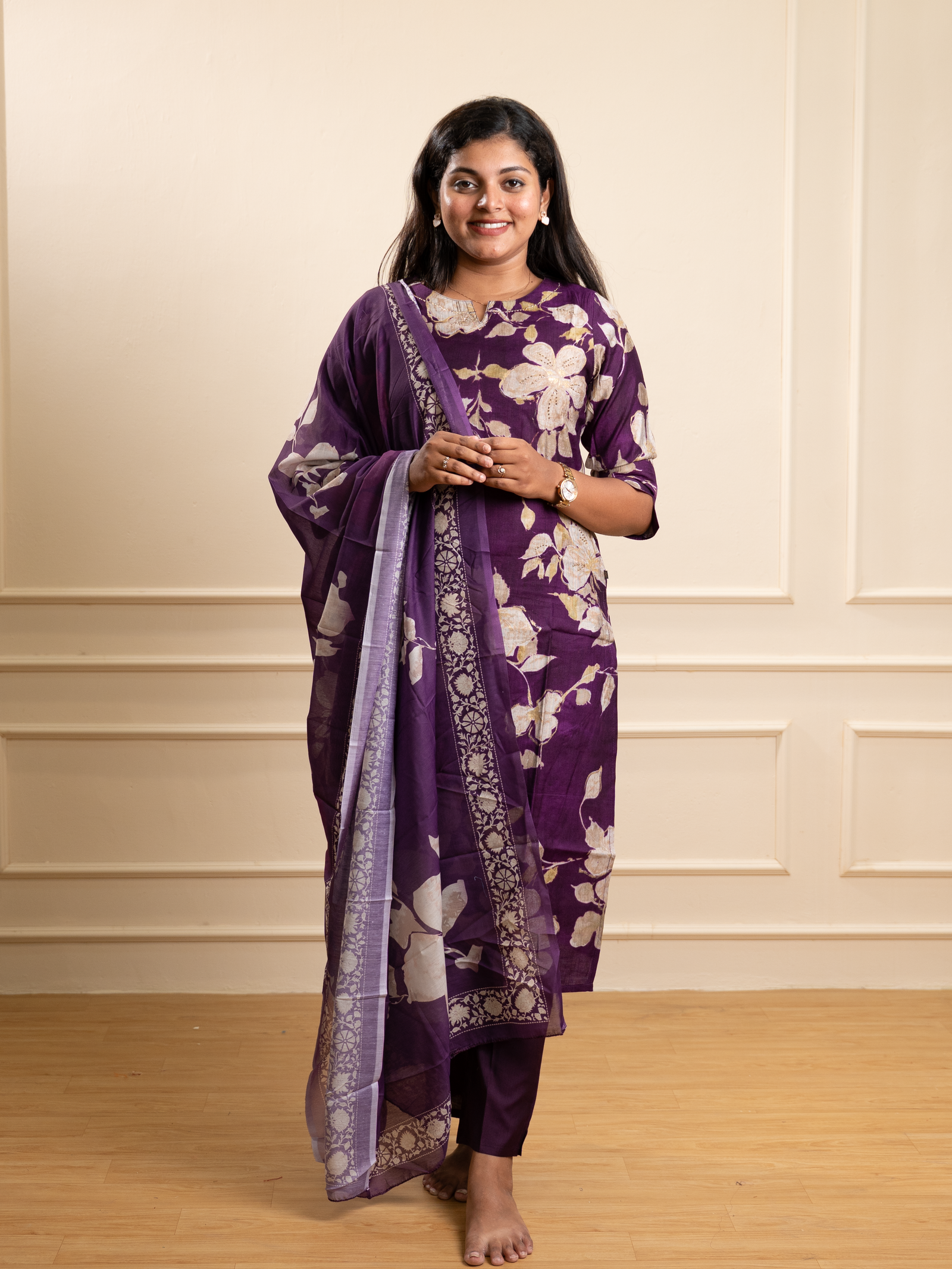Deep Purple Floral Chanderi Kurta Set