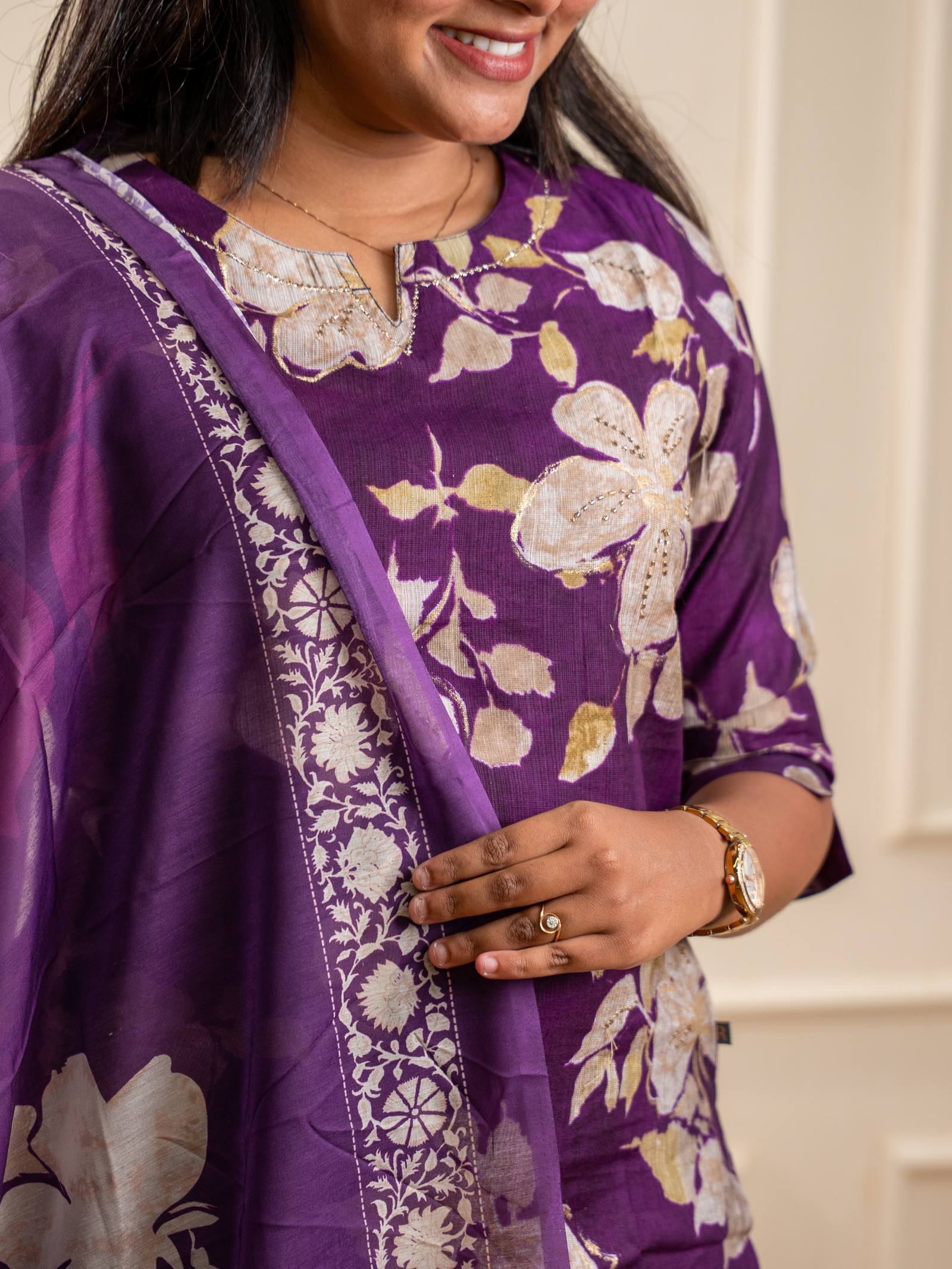 Deep Purple Floral Chanderi Kurta Set - Image 3