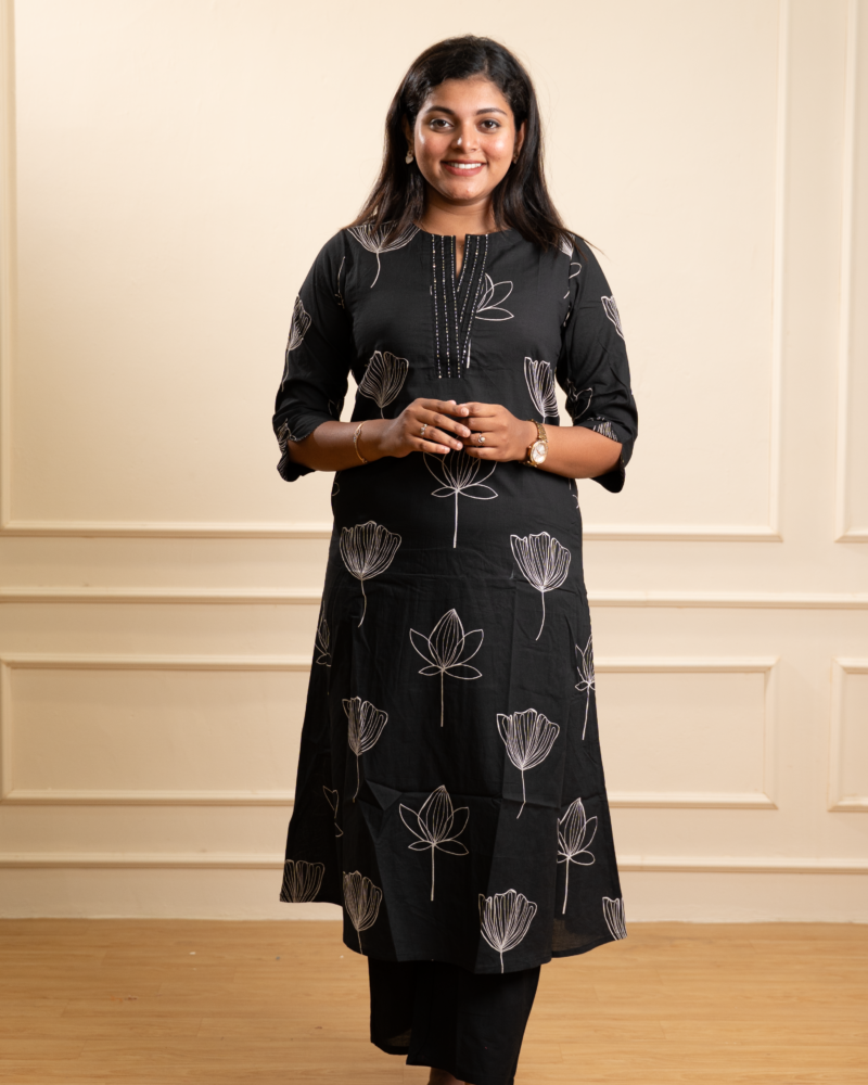 Jet Black Lotus Outline A-Line Kurta