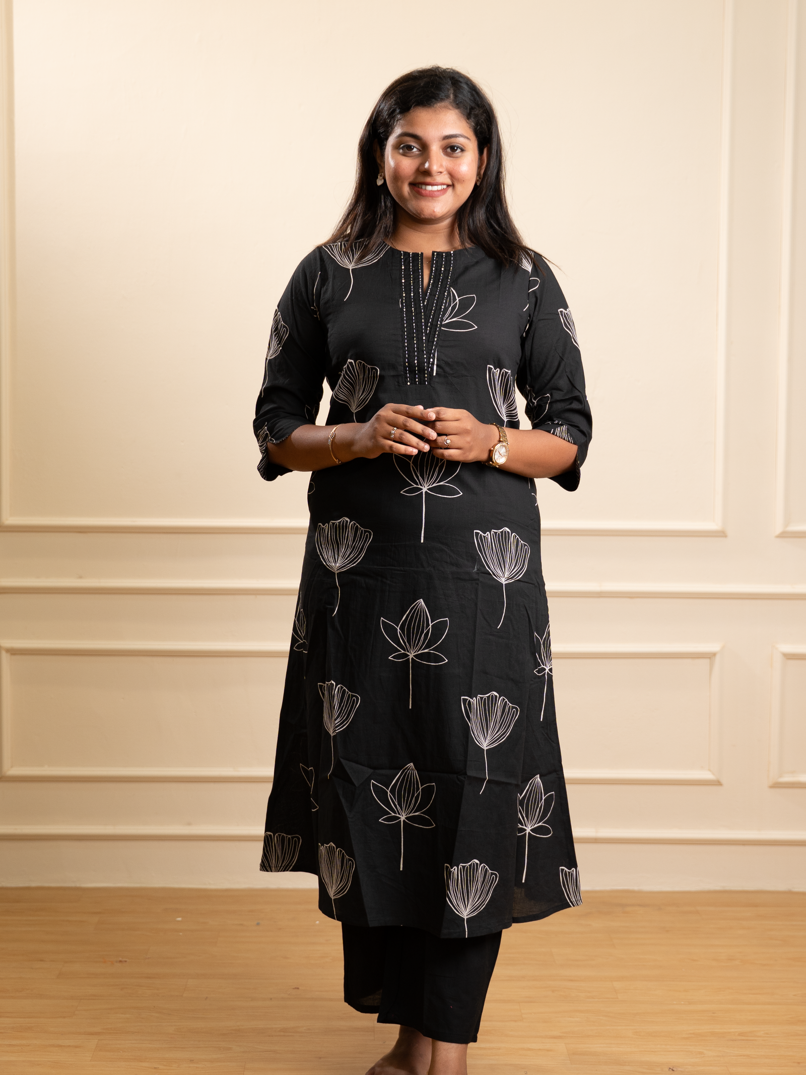 Jet Black Lotus Outline A-Line Kurta