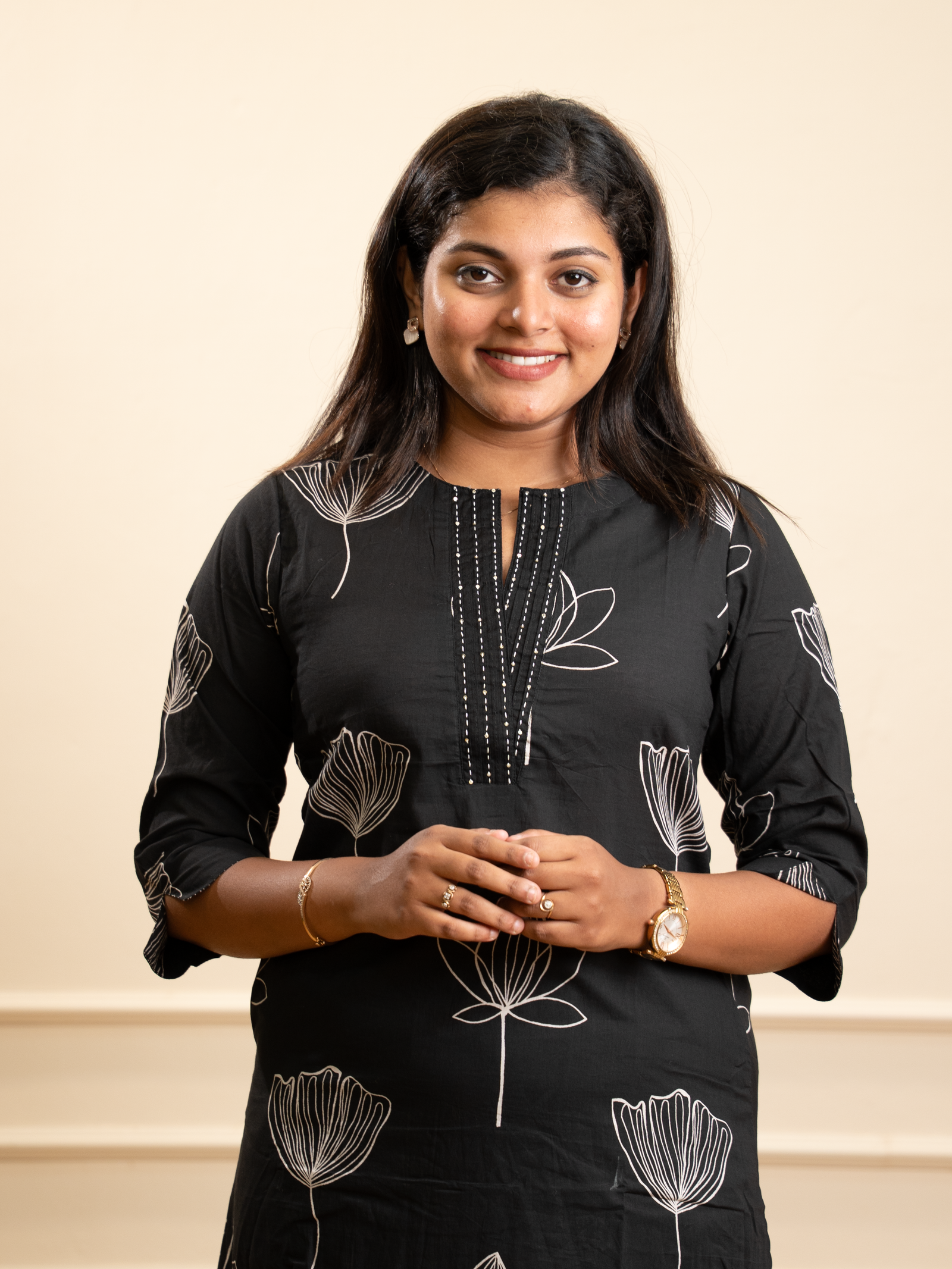 Jet Black Lotus Outline A-Line Kurta - Image 2