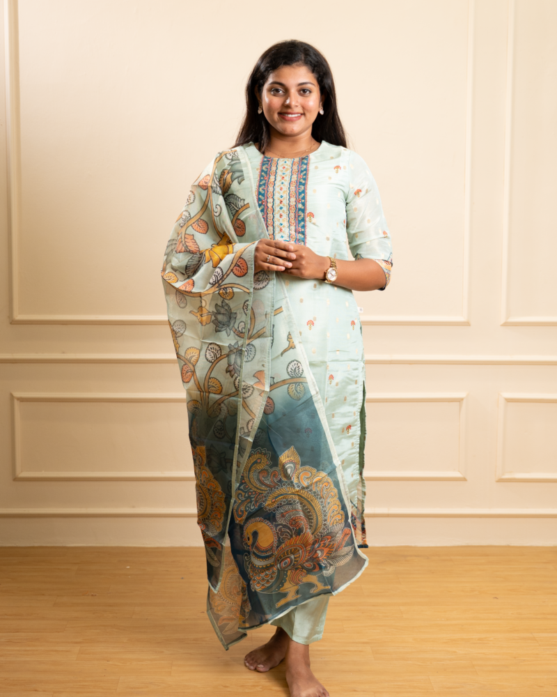 Mint Blue Kalamkari Print Kurta Set with Ombre Dupatta
